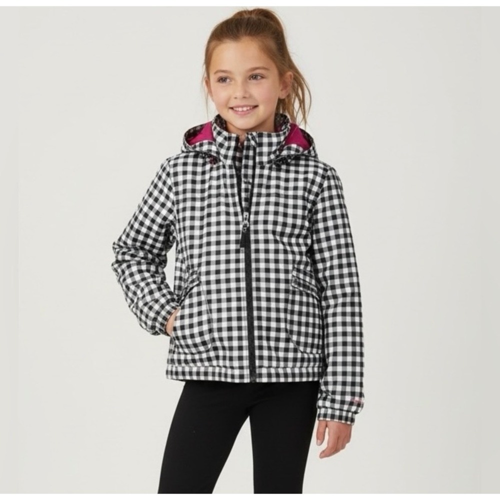 London Fog Girls Gingham Hooded Rain‎ Jacket Size 12 Black White Pink Lined